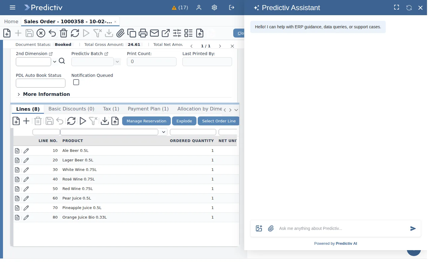 The Predictiv Assistant panel open beside a sales order.