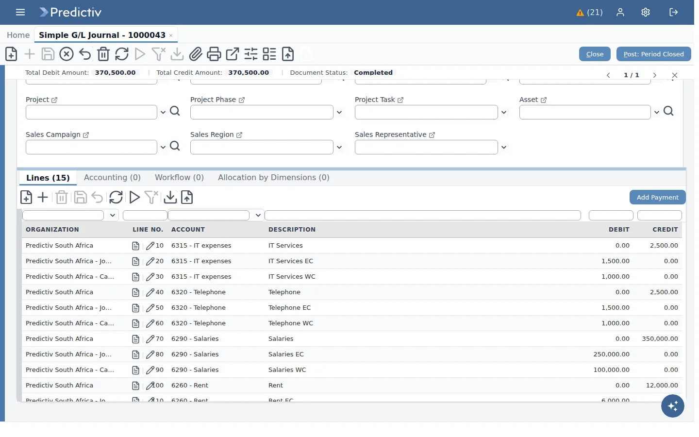 A completed general ledger journal in Predictiv allocating costs from a parent company to two branches.