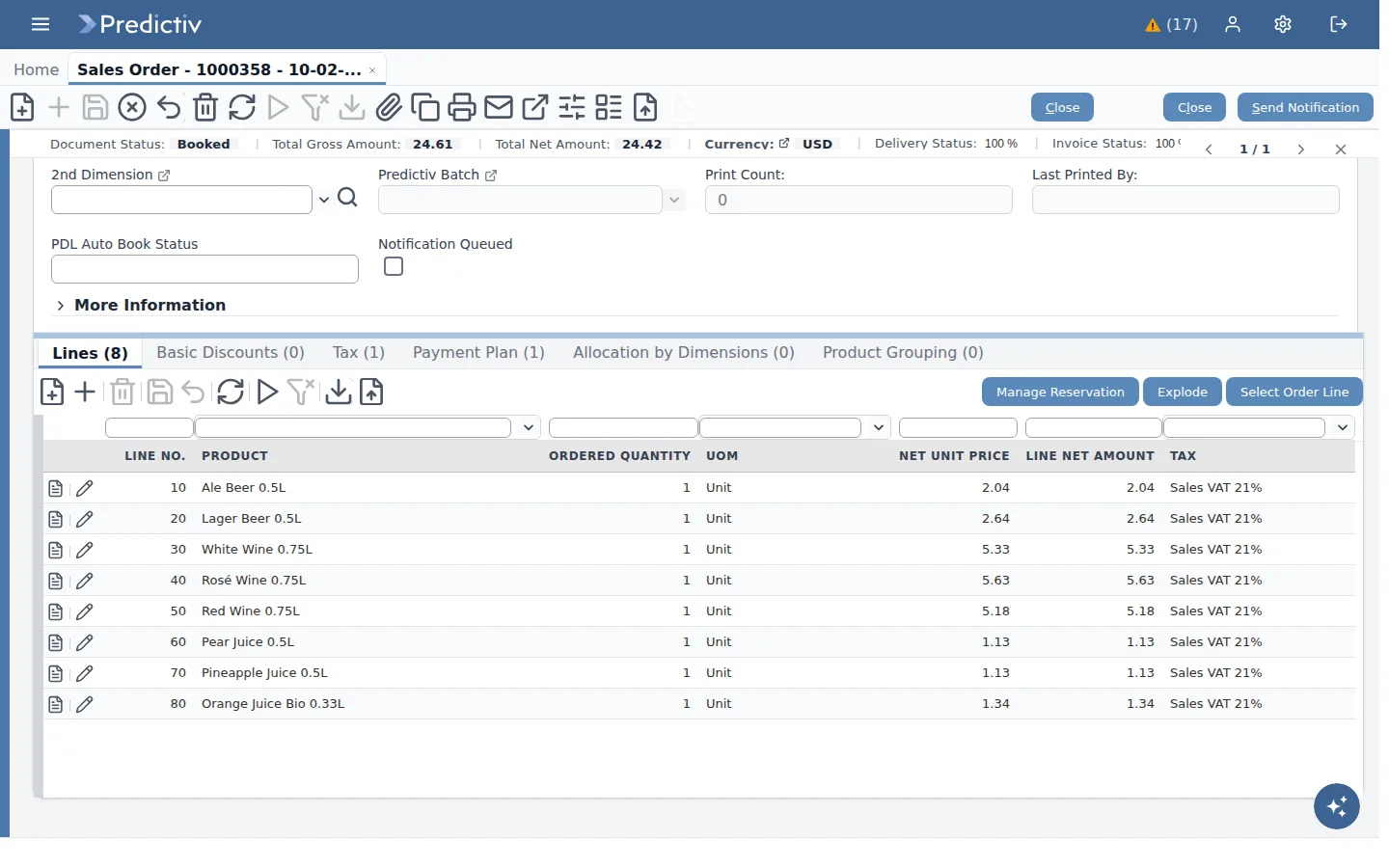 A booked sales order in Predictiv with eight product lines, prices and tax.