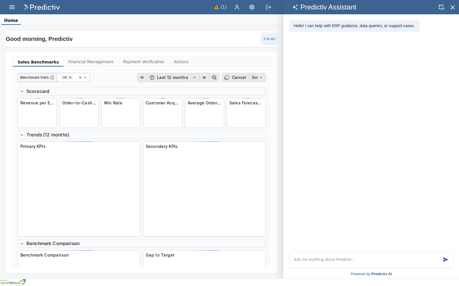Predictiv ERP home dashboard with Predictiv Assistant chat sidebar showing AI guidance
