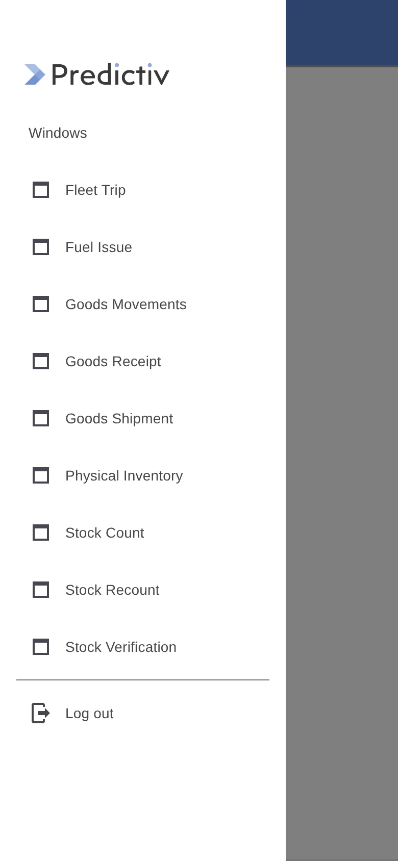 The Predictiv mobile app menu listing fleet trips, fuel issues, goods movements, receipts, shipments and stock counts.