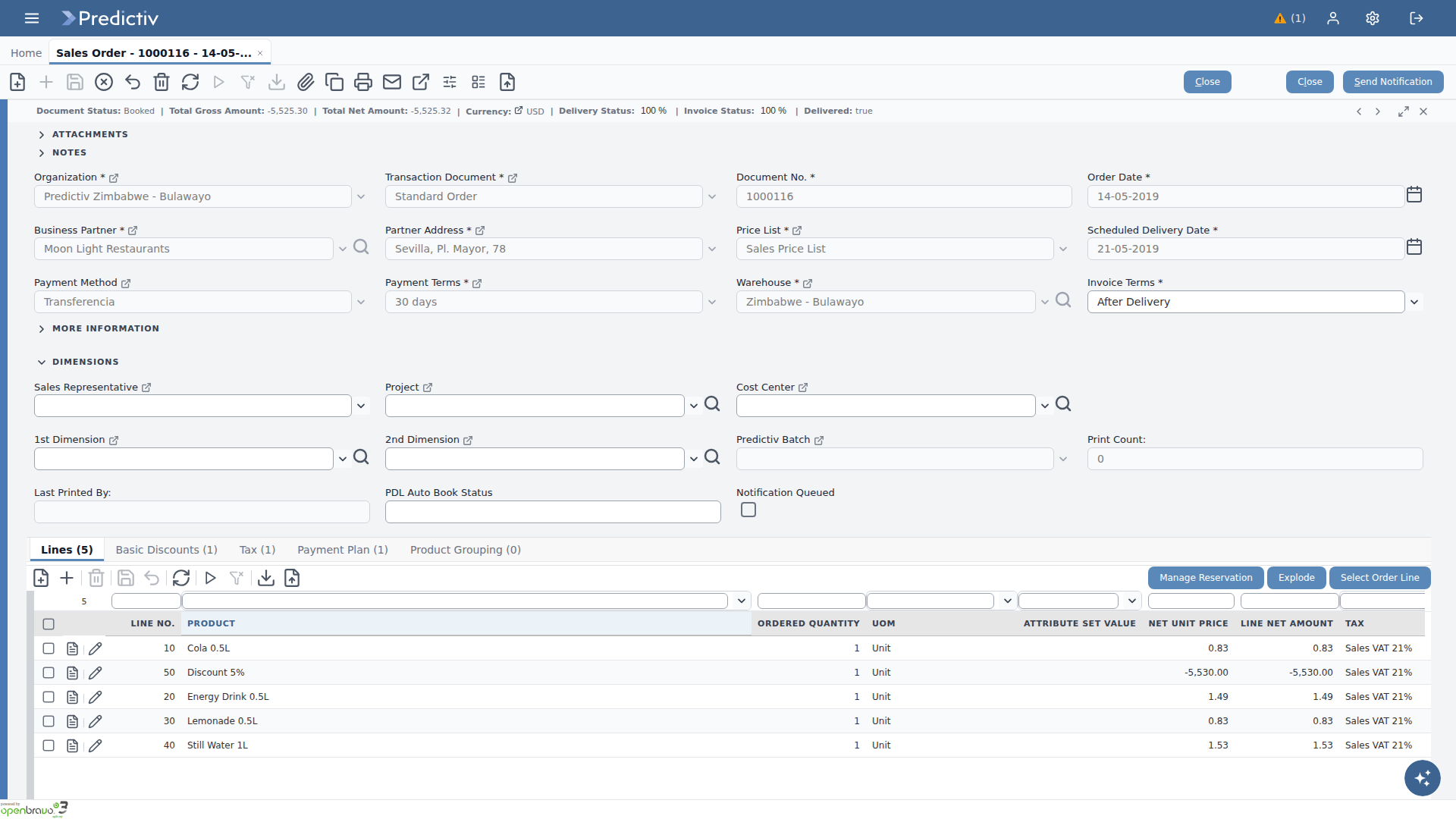 Sales order entry form in Predictiv ERP